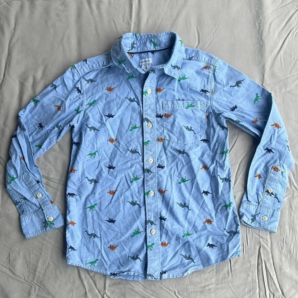 Carter’s Boys Blue Knit w Dinosaur Print Long Sleeve Button Front Shirt Size 8